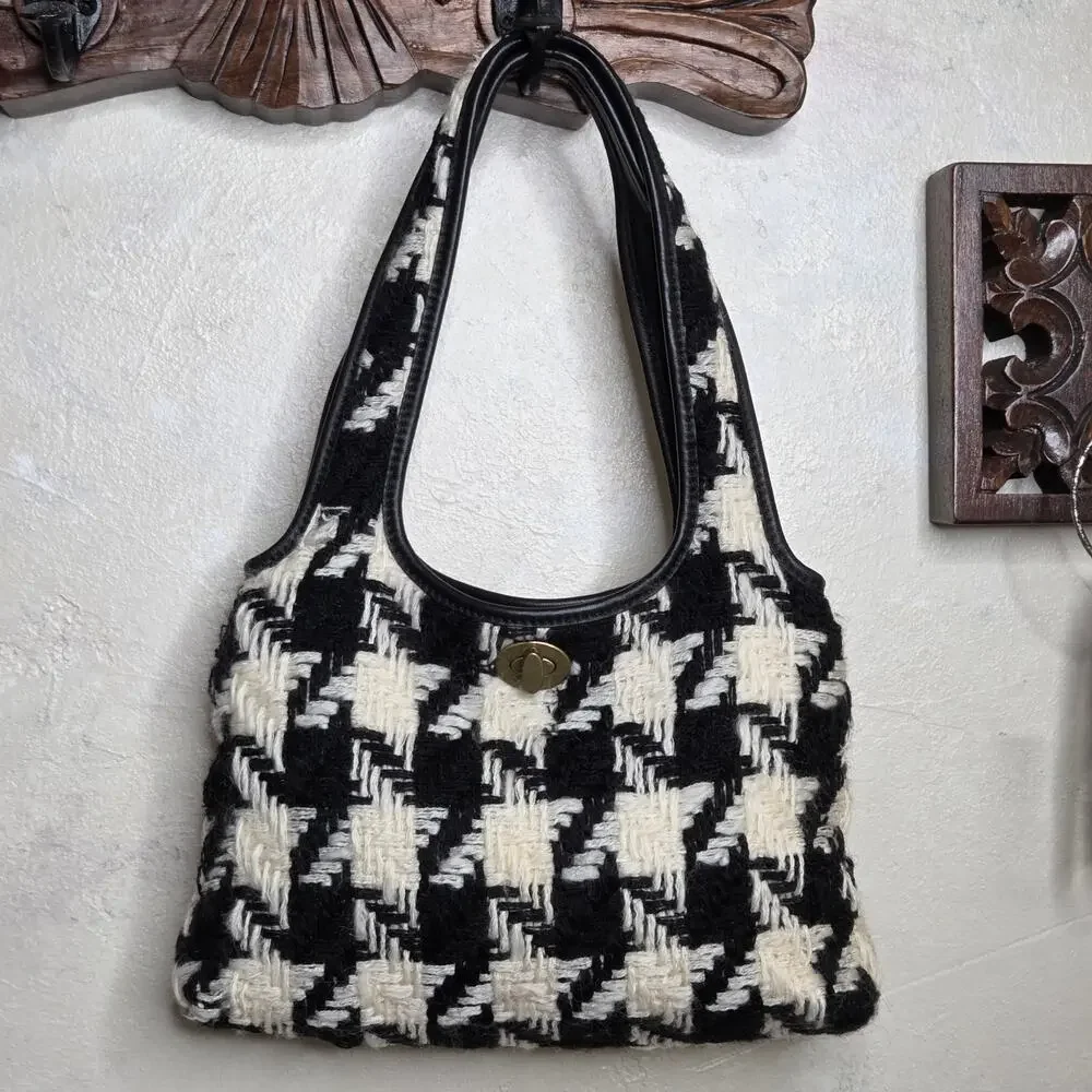 Miu Miu Houndstooth Wool Leather Black White Shoulder Bag Purse Turn Lock✨️Y2K - Picture 12 of 15